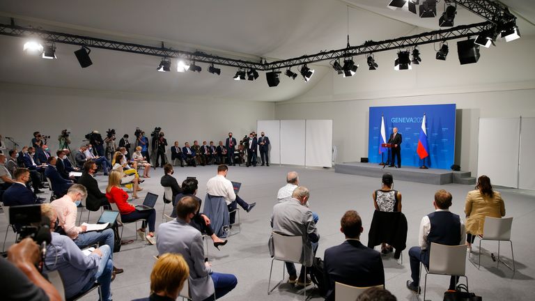 President Putin addresses members of the media after his meeting with President Biden