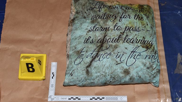 Picture of a cushion used by Wembley sisters Bibaa Henry, 46, and Nicole Smallman, 27, on the night they were killed