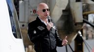  Amazon and Blue Origin founder Jeff Bezos addresses the media about the New Shepard rocket booster and Crew Capsule mockup at the 33rd Space Symposium in Colorado Springs, Colorado, United States April 5, 2017