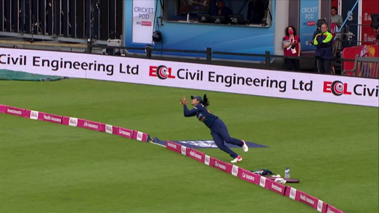 India's Harleen Deol produced a sensational boundary catch to remove England's Amy Jones