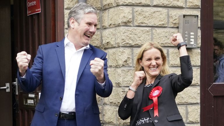 Labour party leader Keir Starmer reacts with Kim Leadbeater in Clackheaton after she won the Batley and Spen by-election and is now representing the seat previously held by her sister Jo Cox, who was murdered in the constituency in 2016. Picture date: Friday July 2, 2021.