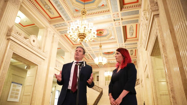 Labour Party leader Sir Keir Starmer with shadow Northern Ireland secretary Louise Haigh at the Parliament Buildings at Stormont during a visit to Belfast. Picture date: Thursday July 8, 2021.