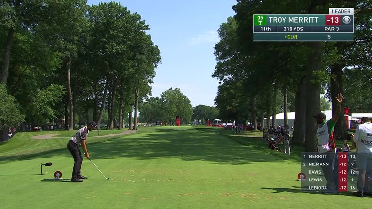 Troy Merritt made the first hole-in-one of his PGA Tour career at the Rocket Mortgage Classic, nailing his tee shot at the par-three 11th to help take a share of the 54-hole lead. 