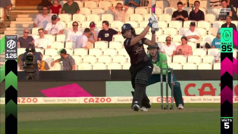 Manchester Originals' captain Kate Cross hits the first six of The Hundred - to the delight of the Oval crowd!