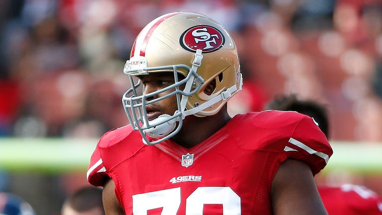 Lawrence Okoye plays for the San Francisco 49ers in a pre-season age in 2013