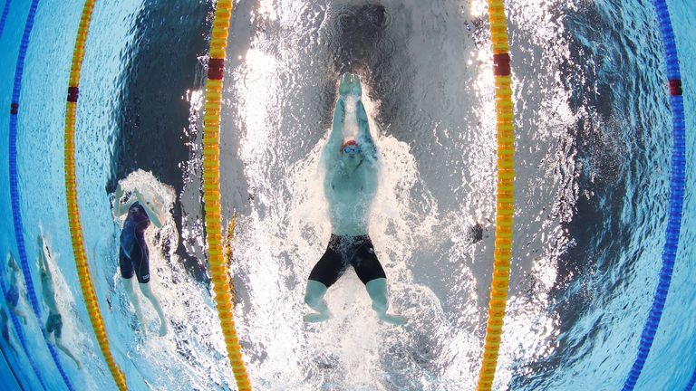 Adam Peaty in action during the 4x100m medley relay