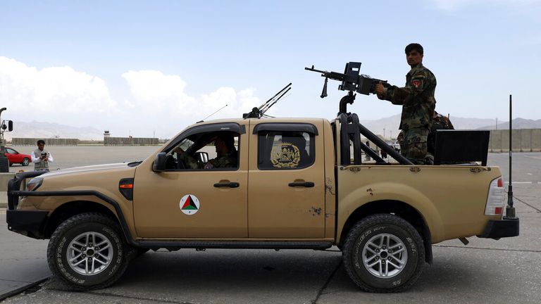 Afghan army soldiers patrol after the American military left Bagram airbase, in Parwan province north of Kabul