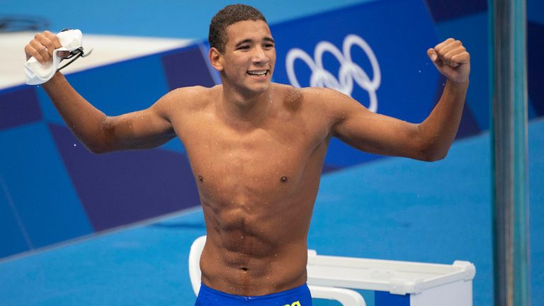 Winner Ahmed HAFNAOUI (TUN, 1st place, gold medal) cheers; Freestyle, 400m men, final; Swimming on 07/25/2021; Olympic Summer Games 2020, from 23.07. - 08.08.2021 in Tokyo / Japan. Photo by: Franz Waelischmiller/picture-alliance/dpa/AP Images