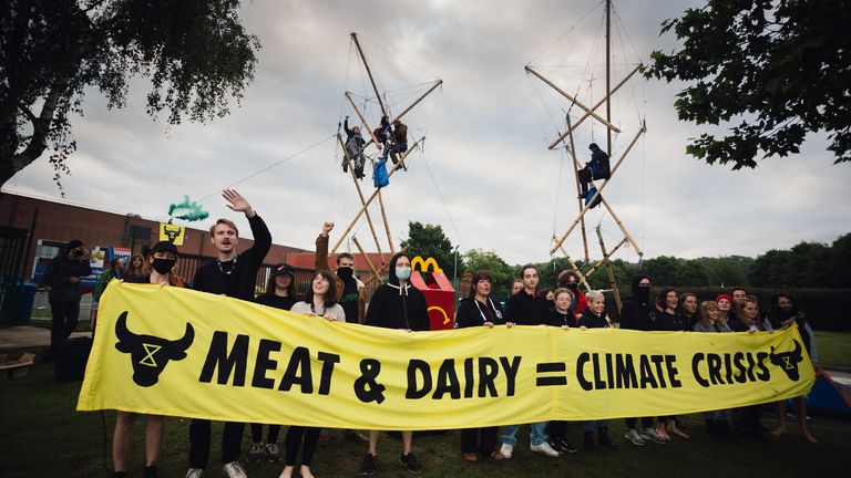 Animal Rebellion stages protest outside MacDonald&#39;s factory. Pic: Animal Rebellion/Tom Woollard