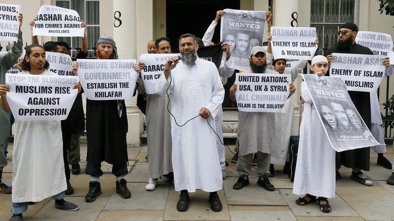 Preacher Anjem Choudary was seen protesting outside the Syrian Embassy in London on 23 August 2013