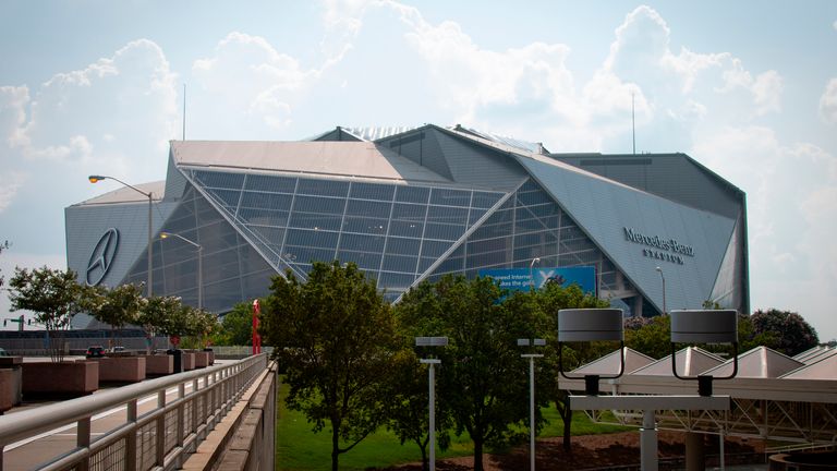 The Mercedes-Benz Stadium is seen on Monday, July 26, 2021, in Atlanta. Recording artist Kanye West has been living inside an Atlanta stadium while working on his new album. A representative for the performer said West planned to remain inside to complete ...Donda,... his 10th studio album.  (AP Photo/Ron Harris)