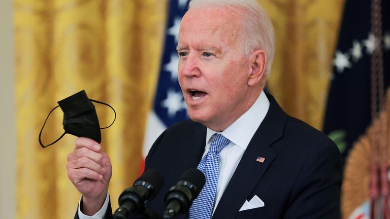 U.S. President Joe Biden speaks about the pace of coronavirus disease (COVID-19) vaccinations in the United States during remarks in the East Room of the White House in Washington, U.S., July 29, 2021