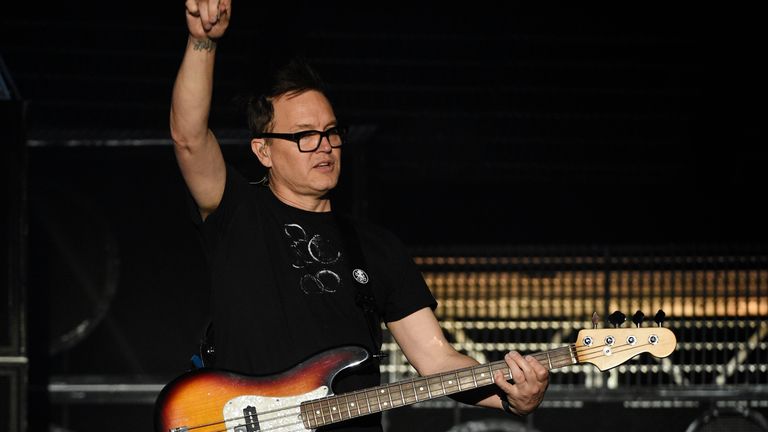 Mark Hoppus of Blink-182 performs during the band&#39;s private concert at the Galen Center, Thursday, June 20, 2019, in Los Angeles. (Photo by Chris Pizzello/Invision/AP)
