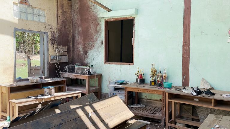 The inside of a bombed school classroom