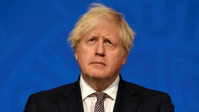 Britain&#39;s Prime Minister Boris Johnson speaks during a media briefing on coronavirus in Downing Street, London, Monday, July 5, 2021. Johnson on Monday confirmed plans to lift mask requirements and social distancing rules as planned on July 19 despite a surge in infections. (Daniel Leal-Olivas/Pool Photo via AP)