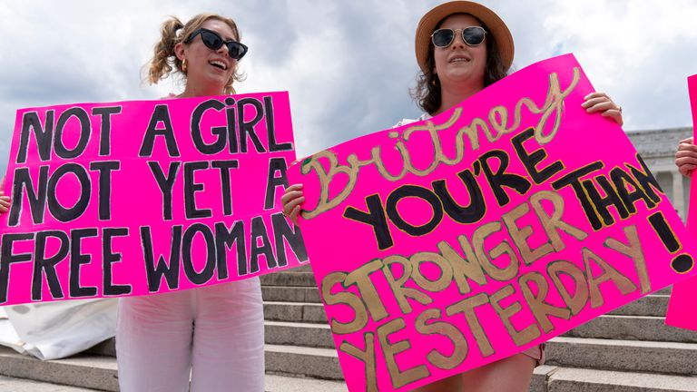 Fans and supporters of pop star Britney Spears protest at the Lincoln Memorial in Washington during a #FreeBritney rally on 14 July, as a court hearing on her conservatorship is held in LA. Pic: AP