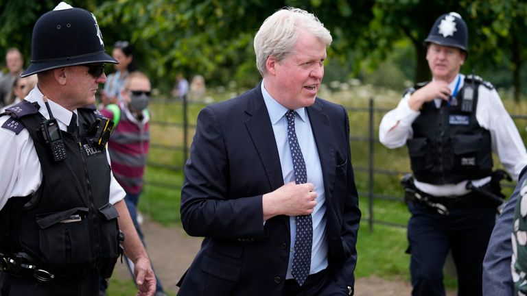 Charles Spencer, the 9th Earl Spencer, arrives at Kensington Palace in London, Thursday, July 1, 2021, to mark what would have been his sister Princess Diana&#39;s 60th birthday. Princes William and Harry are due on Thursday to unveil a statue of their mother, Princess Diana, on what would have been her 60th birthday. The event in the Sunken Garden at London&#39;s Kensington Palace will be their second public meeting since Harry and Meghan stepped away from royal duties over a year ago. (AP Photo/Frank 