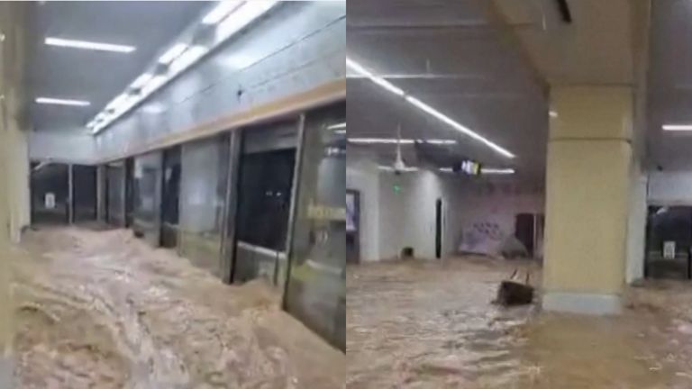 Subway trains and stations were seen to be flooded