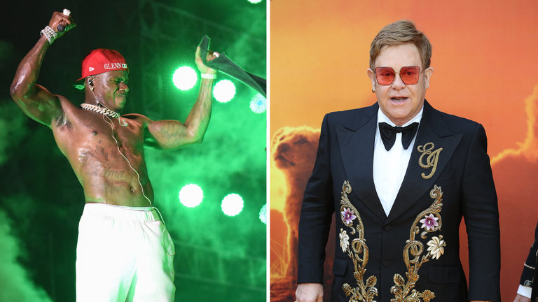 DaBaby&#39;s comments have been criticised by Elton John. Pics:  Michele Eve Sandberg/Shutterstock and PA