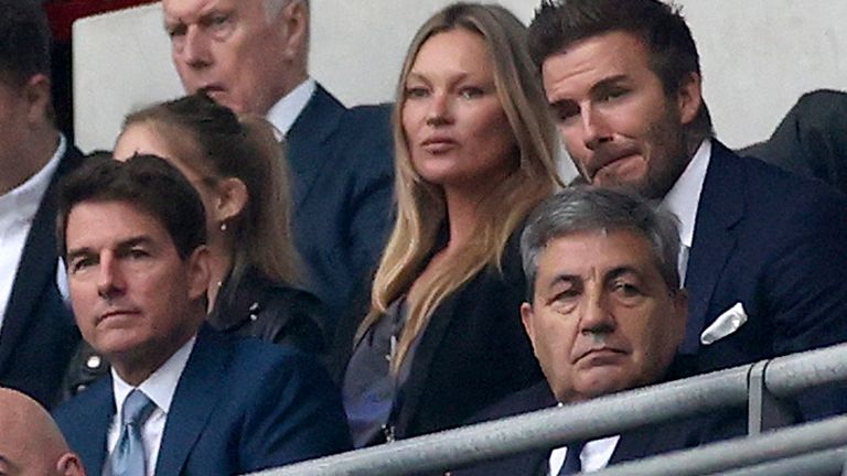 FIFA President Gianni Infantino, US actor Tom Cruise, Portuguese Soccer Federation President Fernando Gomes, former England player David Beckham and former Portugal player Luis Figo on the stands during the Euro 2020 soccer championship final match between England and Italy at Wembley stadium in London, Sunday, July 11, 2021 Pic: AP