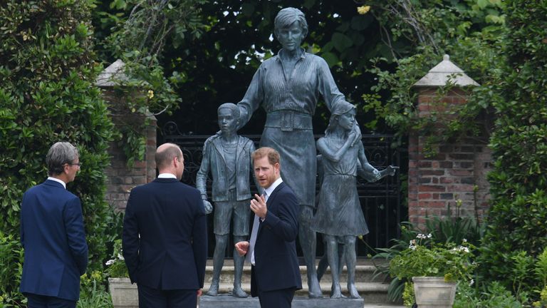 (left to right) Sculptor Ian Rank-Broadley, the Duke of Cambridge and the Duke of Sussex after the unveiling of a statue they commissioned of their mother Diana, Princess of Wales, in the Sunken Garden at Kensington Palace, London, on what would have been her 60th birthday. Picture date: Thursday July 1, 2021.
