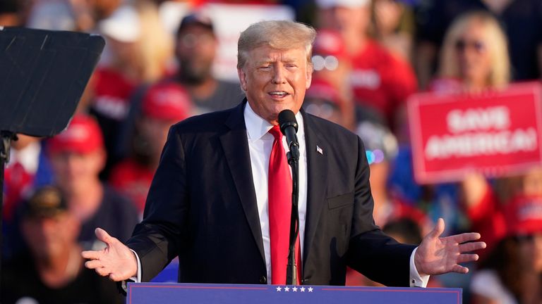 Former President Donald Trump speaks at a meeting at Lorain County Fairgrounds, Saturday, June 26, 2021 in Wellington, Ohio.  (AP Photo / Tony Dejak)