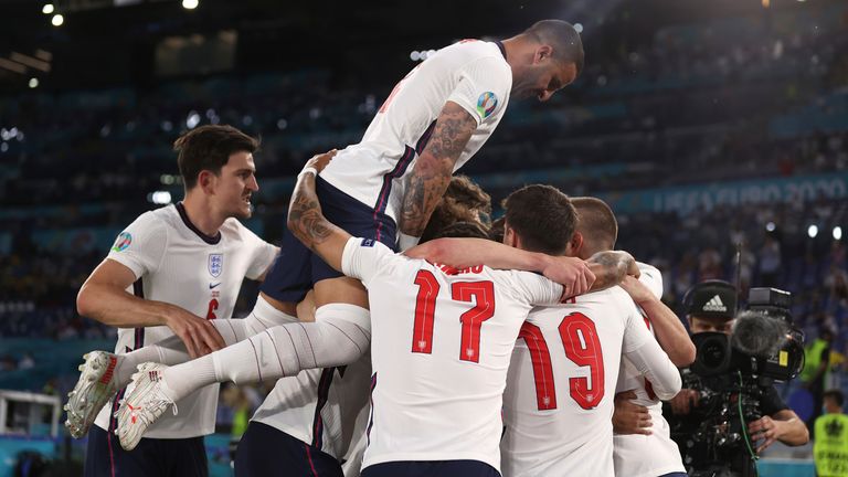 Euro 2020, The England players celebrate Kane&#39;s goal. Pic: AP
