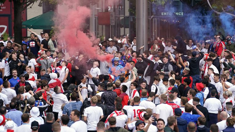 Fans outside Wembley Stadium ahead of the UEFA Euro 2020 semi-final