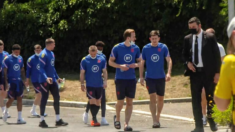 Captain Harry Kane and the rest of the England team on a walk around the hotel where they are staying in Rome.