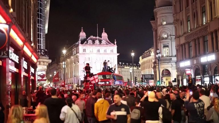 England fans celebrate in Piccadilly Circus