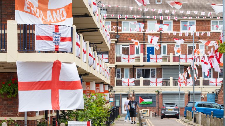 The Kirby Estate, in Bermondsey, south London, is decorated with England flags