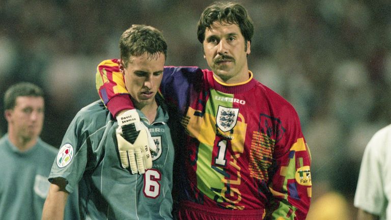 Southgate is consoled by teammate David Seaman. Pic: AP