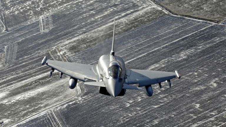 An Italian Air Force Eurofighter Typhoon fighter patrols over the Baltics during a NATO air policing mission from Zokniai air base near Siauliai February 10, 2015. Both Ultra Electronics and Cobham have technologies used in the Eurofighter Typhoon jet. REUTERS/Ints Kalnins/File Photo