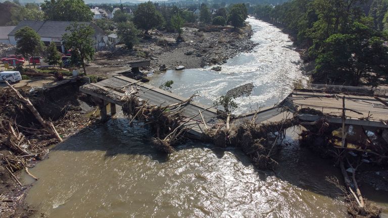 dpatop - 18 July 2021, Rhineland-Palatinate, Ahrweiler: Completely destroyed is this bridge over the Ahr in Ahrweiler after the flood disaster. (Aerial view with a drone). Photo by: Boris Roessler/picture-alliance/dpa/AP Images


