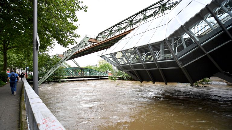 View of the flooded station of the suspension railway in Pestalozzistra&#39;e above the Wupper. Pic: Christopher Neundorf/picture-alliance/dpa/AP 