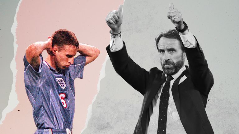 Gareth Southgate pictured at Euro 96 and Euro 2020