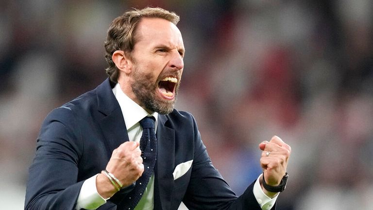 Southgate celebrates England&#39;s win over Denmark on Wednesday. Pic: AP