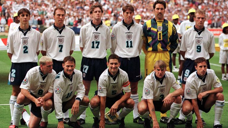 Southgate (bottom right) lines up for England at Euro 96