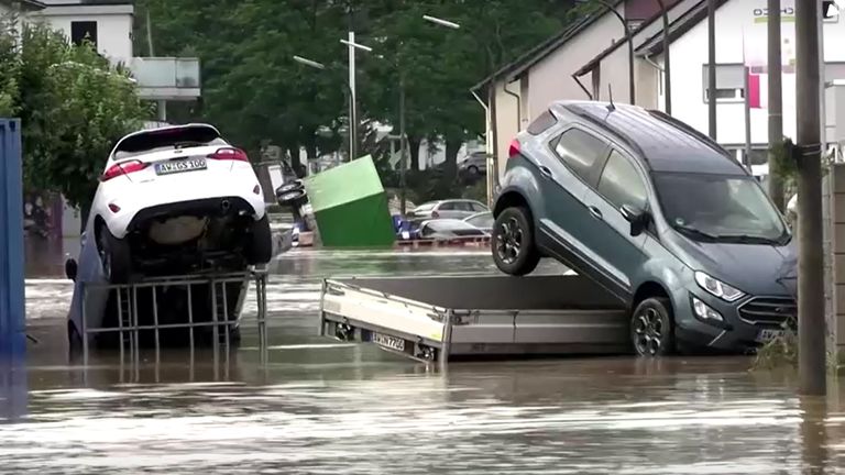 VIDEO SHOWS: CARS AND ROADS WASHED AWAY, DEBRIS FLOATING IN THE WATER, WATER RUSHING PAST HOUSES, RESIDENTS

SHOTLIST ONLY. COMPLETE SCRIPT TO FOLLOW

SHOWS: BAD NEUENAHR, EIFEL, GERMANY (JULY 15, 2021) (EXTREMWETTER TV - NO ACCESS GERMANY)