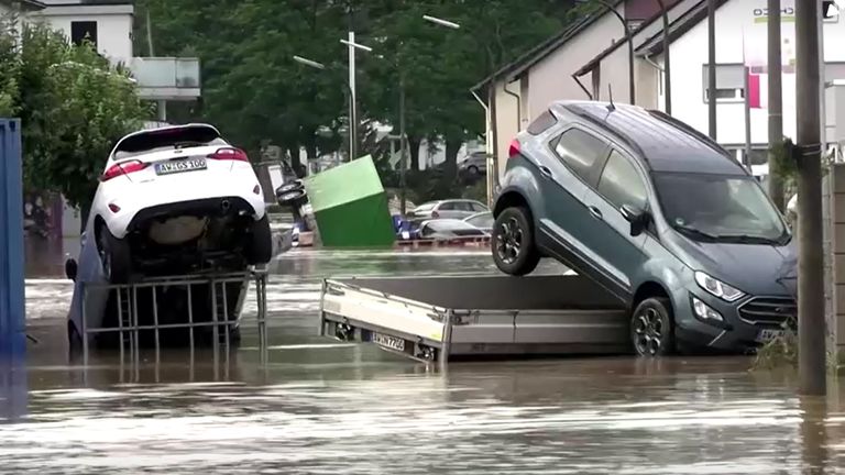 VIDEO SHOWS: CARS AND ROADS WASHED AWAY, DEBRIS FLOATING IN THE WATER, WATER RUSHING PAST HOUSES, RESIDENTS    SHOTLIST ONLY. COMPLETE SCRIPT TO FOLLOW    SHOWS: BAD NEUENAHR, EIFEL, GERMANY (JULY 15, 2021) (EXTREMWETTER TV - NO ACCESS GERMANY)