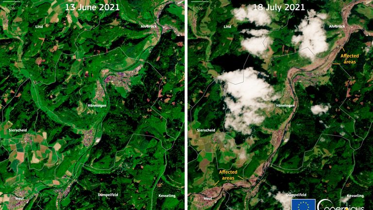 Citra satelit menunjukkan distrik Ahrweiler di Jerman sebelum dan sesudah banjir.  Foto: Uni Eropa, citra Copernicus Sentinel-2 