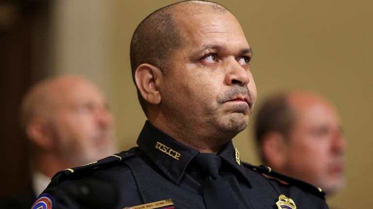 U.S. Capitol Police officer Sgt. Aquilino Gonell becomes emotional as he testifies before the House Select Committee investigating the Jan. 6 attack on Capitol Hill in Washington, U.S., July 27, 2021. Oliver Contreras/Pool via REUTERS