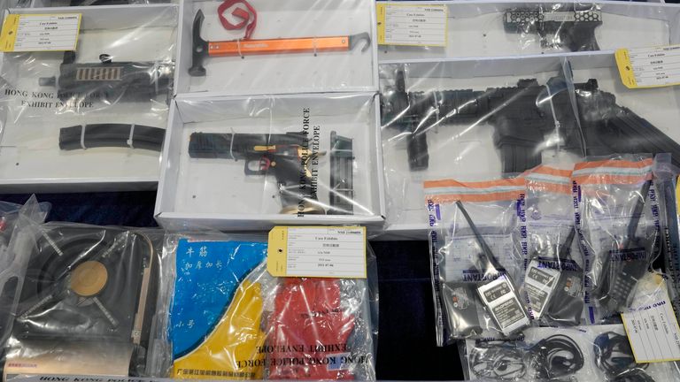 Confiscated evidence displayed during a news conference. Pic: AP
