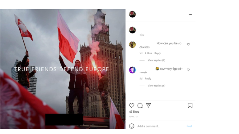 The second account commented on this post which has the logo of a European white supremacist group. Pic:Instagram