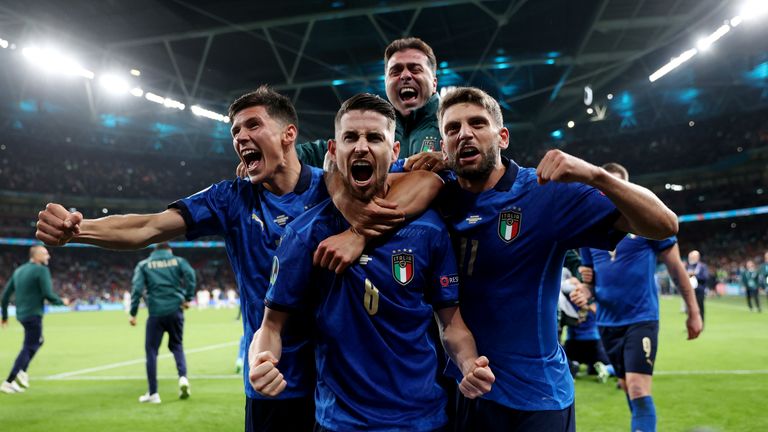 Jorginho celebrates after taking the winning penalty