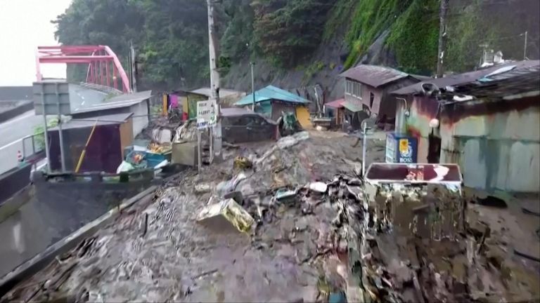 Drone video and shows destruction caused by landslides in Atami, as 20 people are missing.