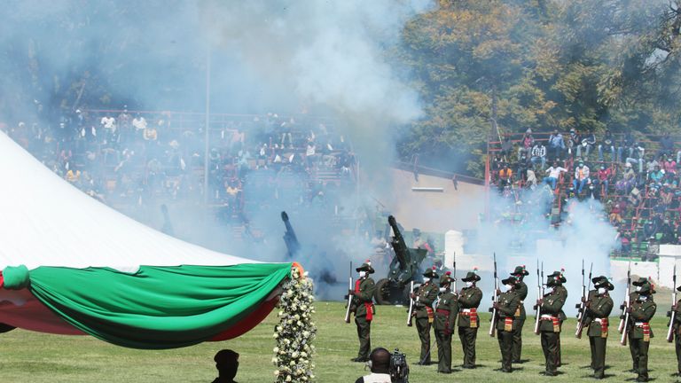 A gun salute at Kenneth Kaunda's state memorial in Lusaka on Friday. Pic: AP