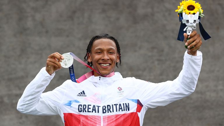 Tokyo 2020 Olympics - BMX Racing - Men&#39;s Individual - Medal Ceremony - AUP - Ariake Urban Sports Park, Tokyo, Japan - July 30, 2021. Silver medallist, Kye Whyte of Britain celebrates. REUTERS/Matthew Childs