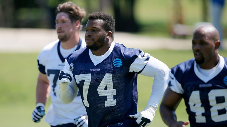 Okoye (centre) pictured training with the Dallas Cowboys in 2016. Pic: AP