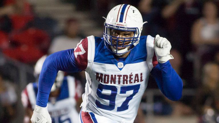 Lawrence Okoye playing for the Montreal Alouettes in 2018. Pic: AP